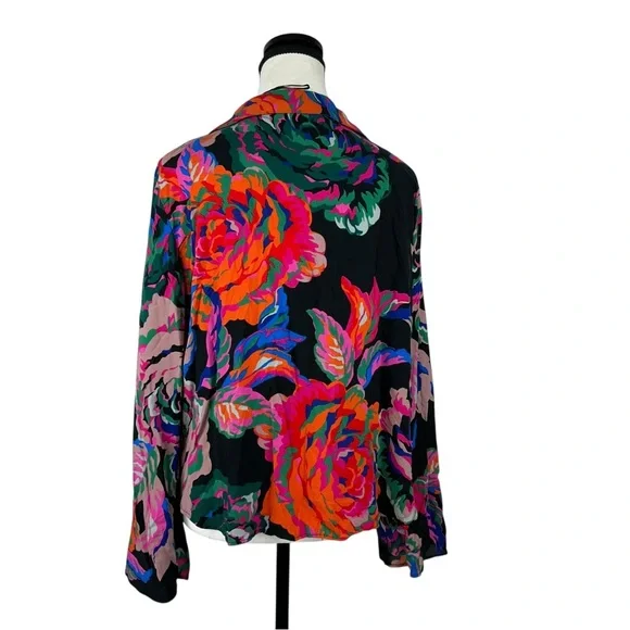 Zara Women’s L Bold Floral Print Long Sleeve Blouse 100% Viscose Artsy Boho Top - Picture 5 of 10